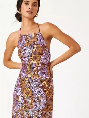 Anthropologie embroidered halter mini dress purple and gold $230